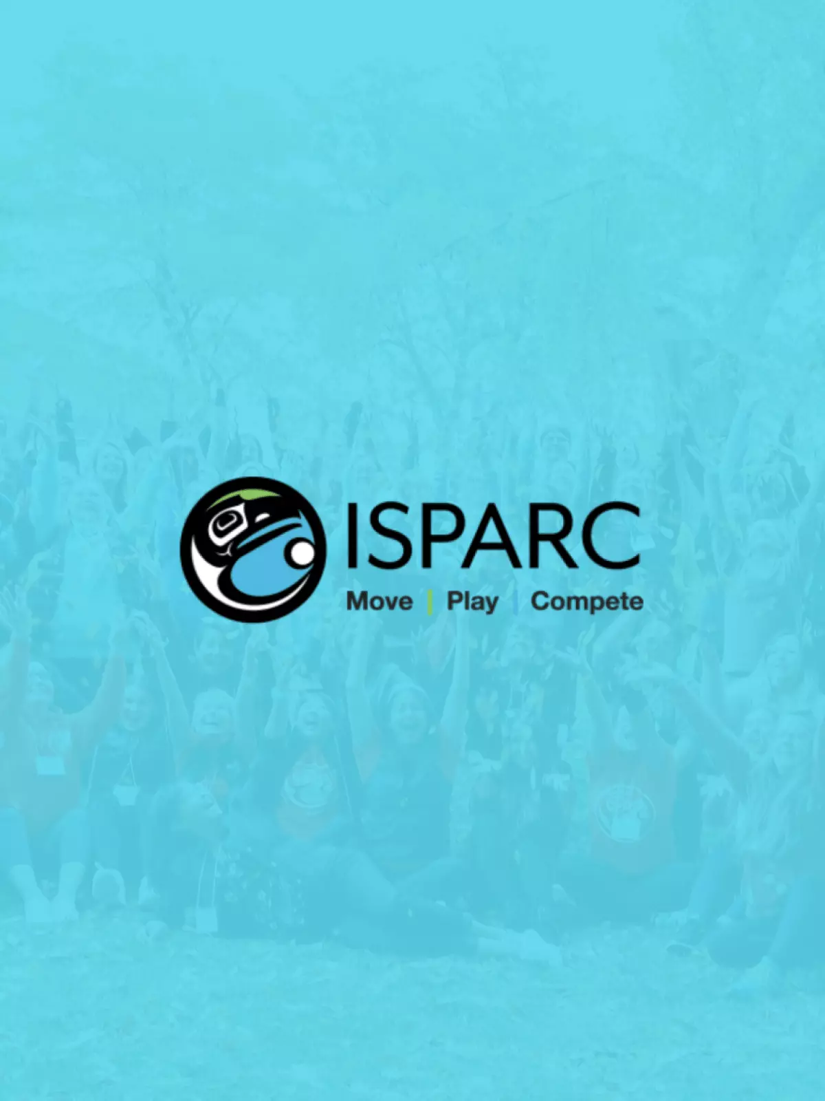 Indigenous Sport, Physical Activity, and Recreation Council (ISPARC) logo button over top of an image of a group of people throwing leaves