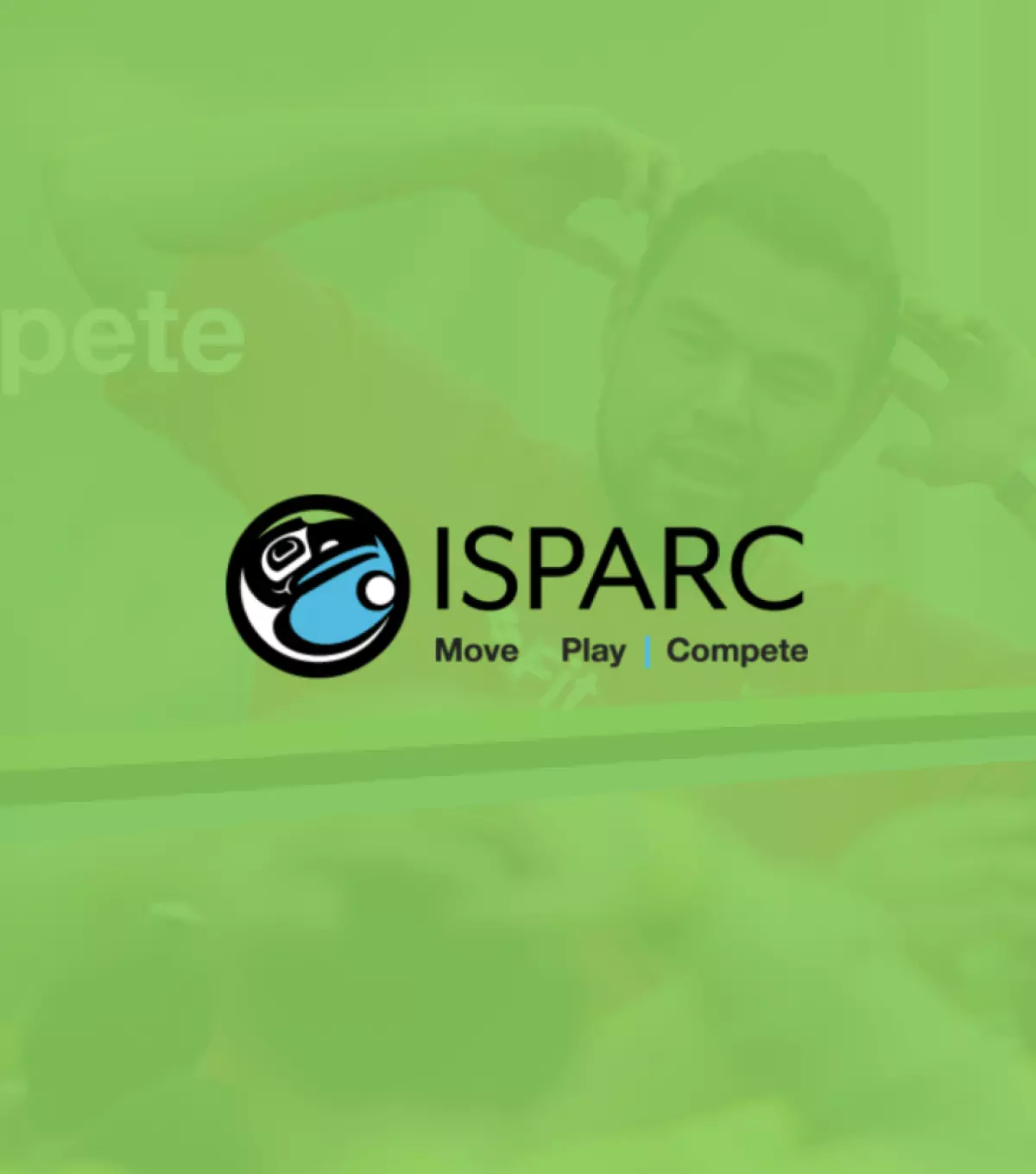 Indigenous Sport, Physical Activity, and Recreation Council (ISPARC) logo button over top of an image of a man exercising.