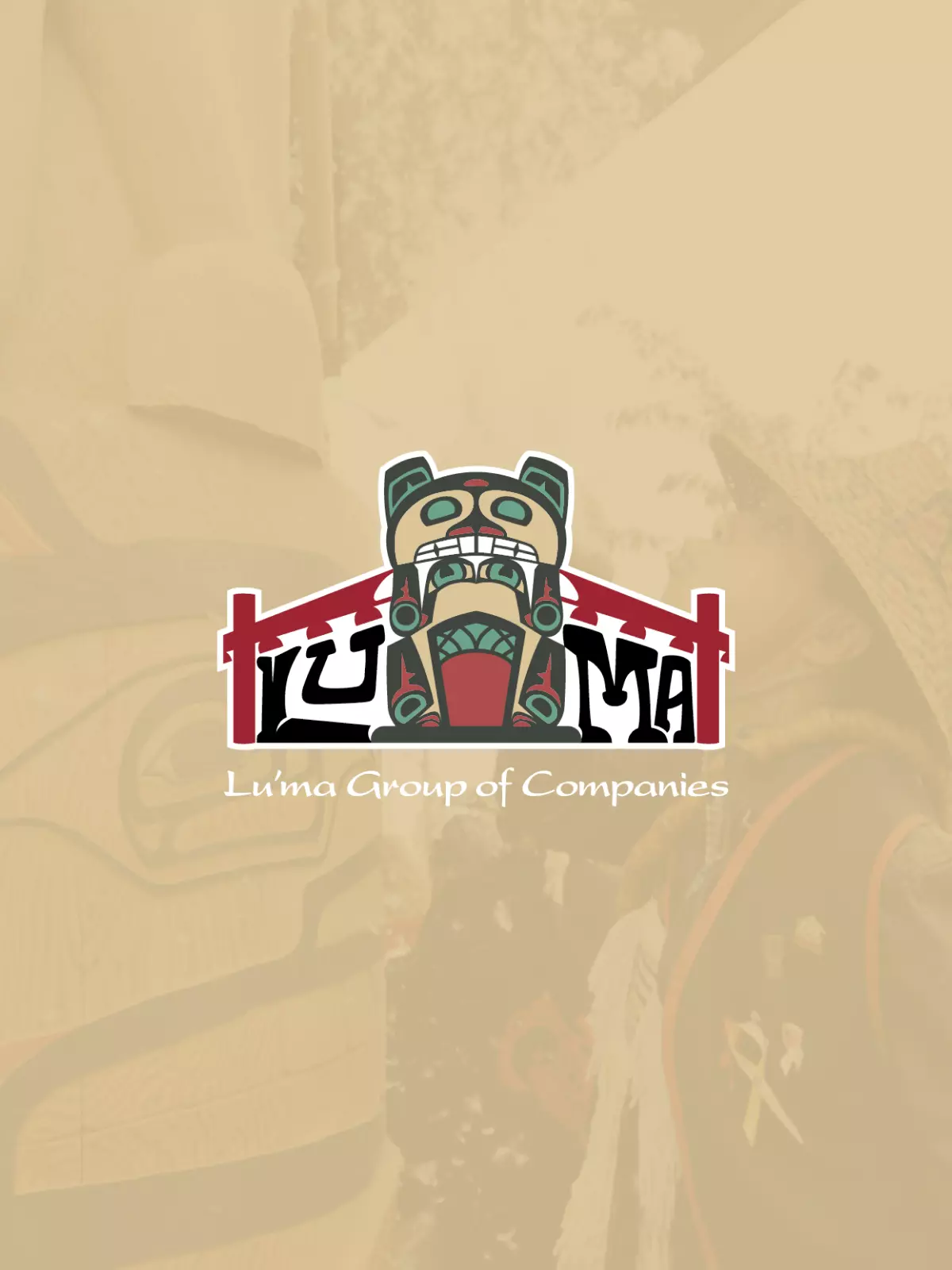 Lu'ma logo button over top of an image of a woman in regalia by a totem pole.
