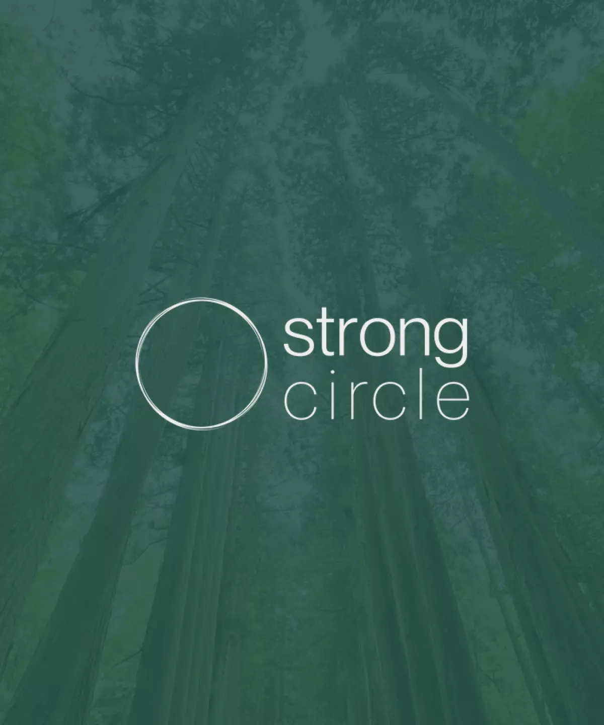 Logo button of Strong Circle over top of an image of pine trees.